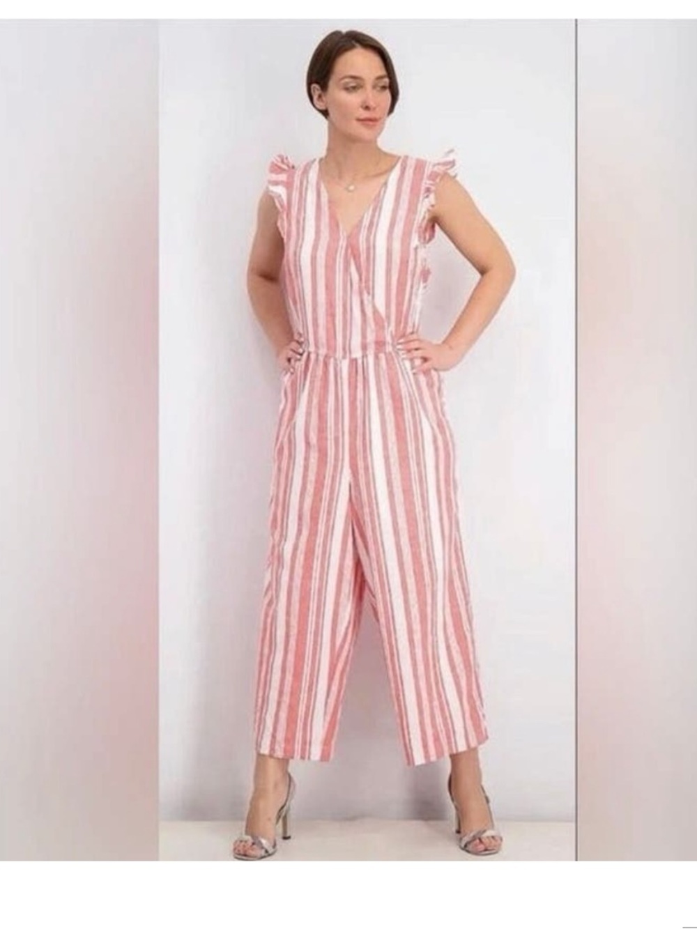 Old Navy Coral and White Striped Midi Jumpsuit